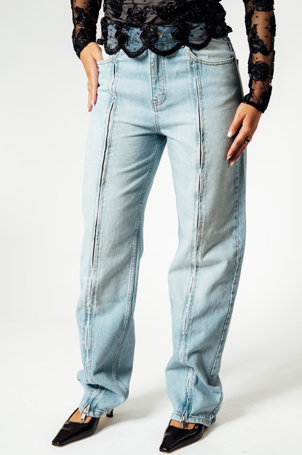 ROTATE Straight Denim Zip Jeans lichte wassing
