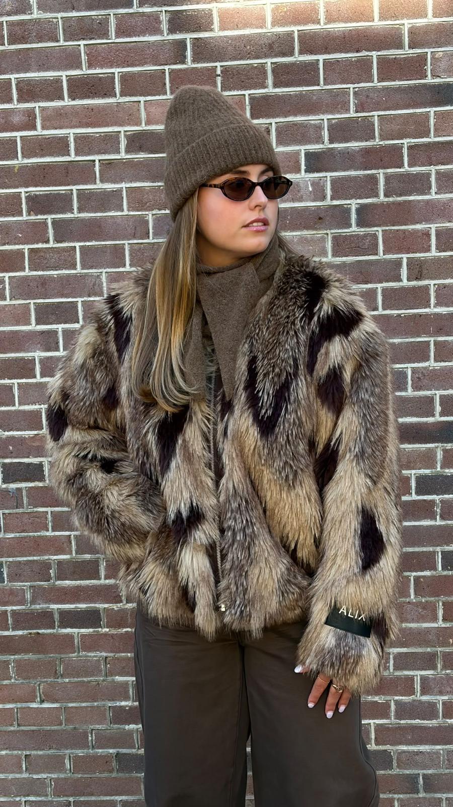 LADIES WOVEN MIX FAUX FUR COAT