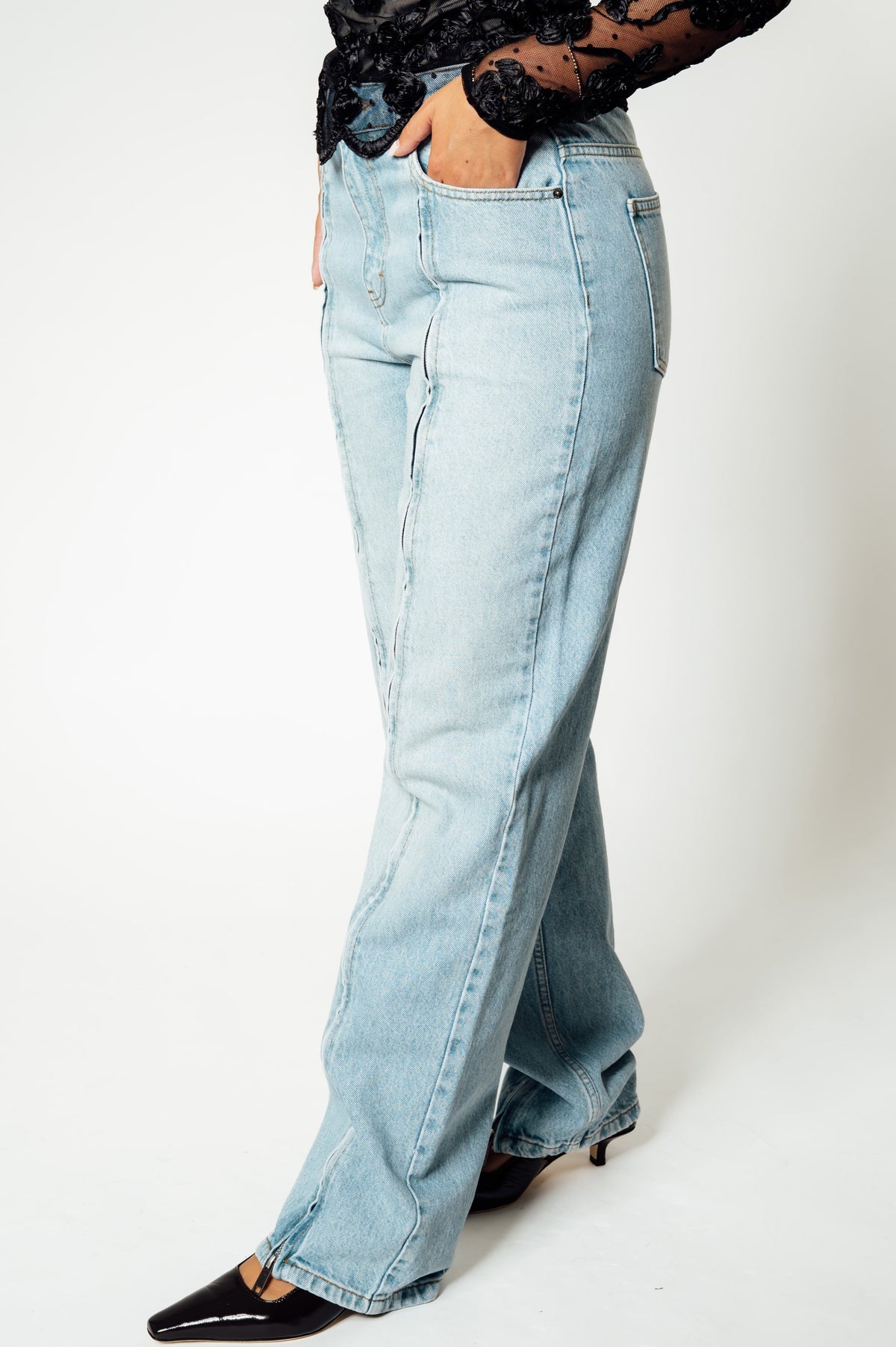 ROTATE Straight Denim Zip Jeans lichte wassing