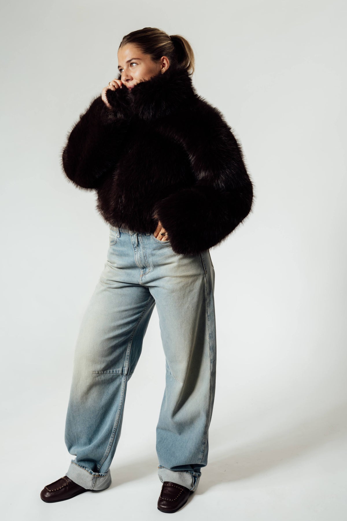ROTATE zwarte faux fur cropped jas