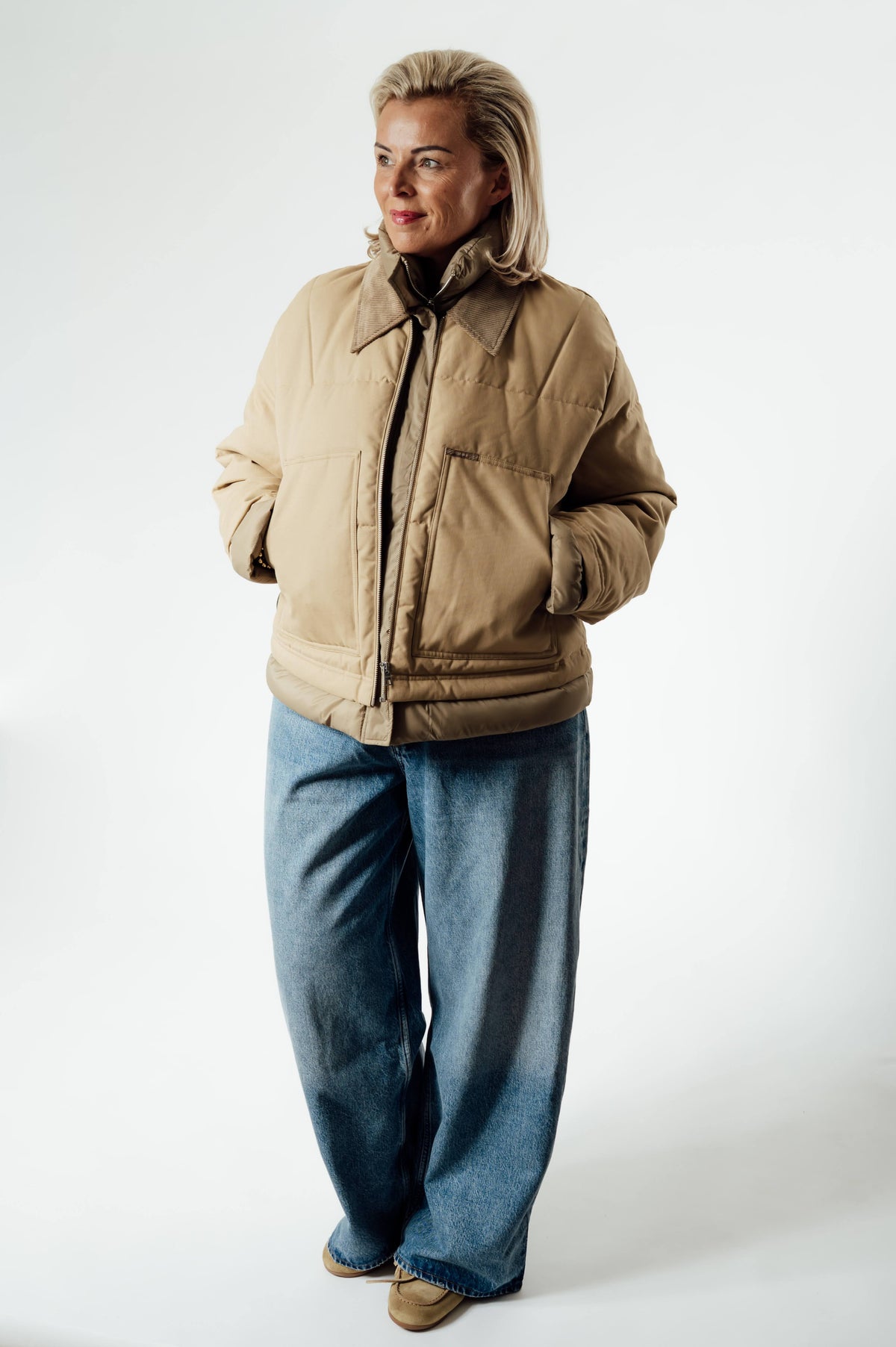 CLOSED Worker Puffer jas beige met corduroy kraag