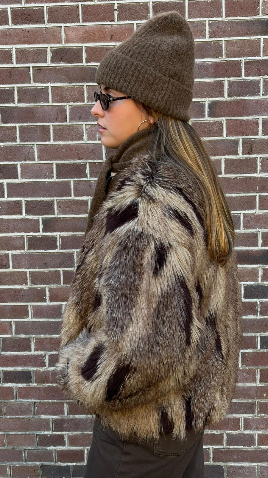 LADIES WOVEN MIX FAUX FUR COAT